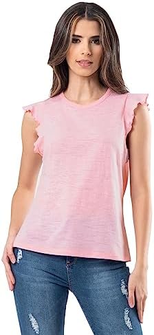 Lee Women's Ruffle Sleeve Crewneck Tank Top, Coral Blush, Medium Lee