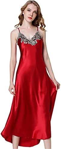 Aivtalk Womens Satin Long Nightgown Lace Luxury Lingerie Full Slip Nightie Gown Sexy Nightdress Chemise Sleepwear Red L Happy Cherry