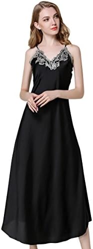 Aivtalk Womens Satin Long Nightgown Lace Lingerie Fashion Soft Full Slip Nightie Gown Nightdress Chemise Sexy Sleepwear Black L Happy Cherry