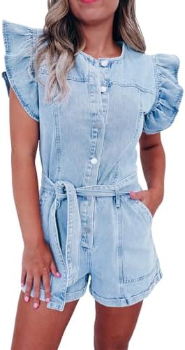 PLNOTME Women's Cute Denim Rompers Summer Ruffle Sleeve Button Down Belted Short Jumpsuits with Pockets Plnotme