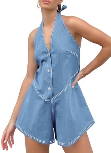 PLNOTME Womens Summer Halter Denim Rompers Backless V Neck Casual Jean Short Jumpsuits Plnotme