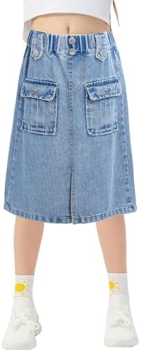 Happy Cherry Girls Casual Denim Skirt Midi A Line Knee Length Jean Skirt with Pockets High Elastic Waist Washed Skirt Happy Cherry