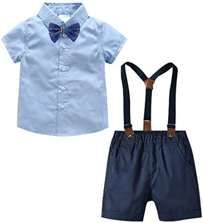 Happy Cherry Baby Boys Gentleman Outfit Set Short Sleeve Shirt Short Pants Suspender Bowtie 4PC Formal Tuxedo Suits 1-7Y Happy Cherry