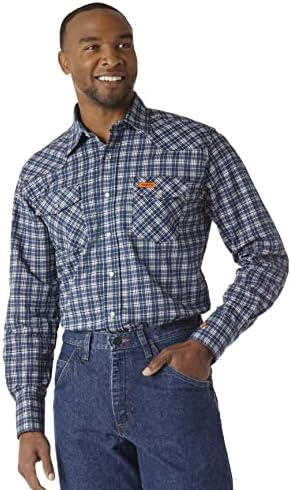 Рубашка Wrangler Riggs Workwear мужская, устойчивая к огню, длинный рукав, синяя в клетку Wrangler