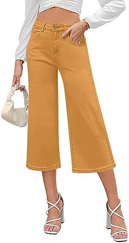 GRAPENT Jean Capris for Women Wide Leg Jeans High Waisted Crop Denim Capri Pants Stretchy Baggy Grapent