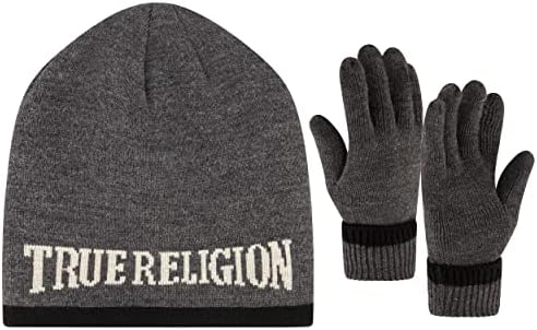 True Religion Beanie Hat and Gloves Set, Faux Sherpa Lined Cuff Winter Knit Cap with Jacquard Logo and Fleece Lined Mittens True Religion