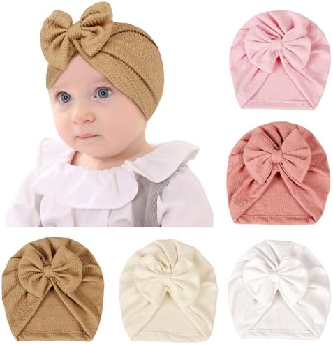 Happy Cherry Newborn Hats with Bow Solid Color Baby Turban Breathable Infant Cap Toddler Cute Headwear Girls 0-2 Years 5 Pack Happy Cherry