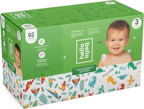 Hello Bello Diapers Club Box, Size 3 (14-24 lbs) Parrots and Dinos - 92 Count of Premium Disposable Baby Diapers, Hypoallergenic with Soft, Cloth-Like Feel Hello Bello