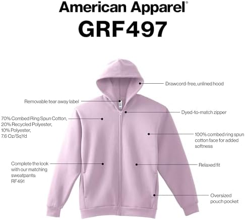 American Apparel Unisex ReFlex Fleece Full Zip Hoodie Sweatshirt, Style GRF497AA American Apparel