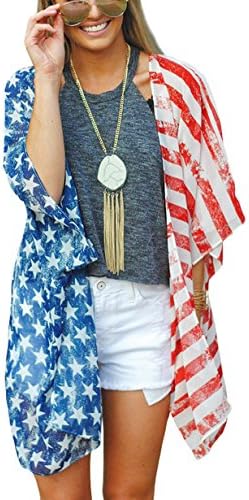 DDSOL Women's American Flag Kimono Cover up Beachwear Cardigan Loose Tops Shirt Blouse Ddsol