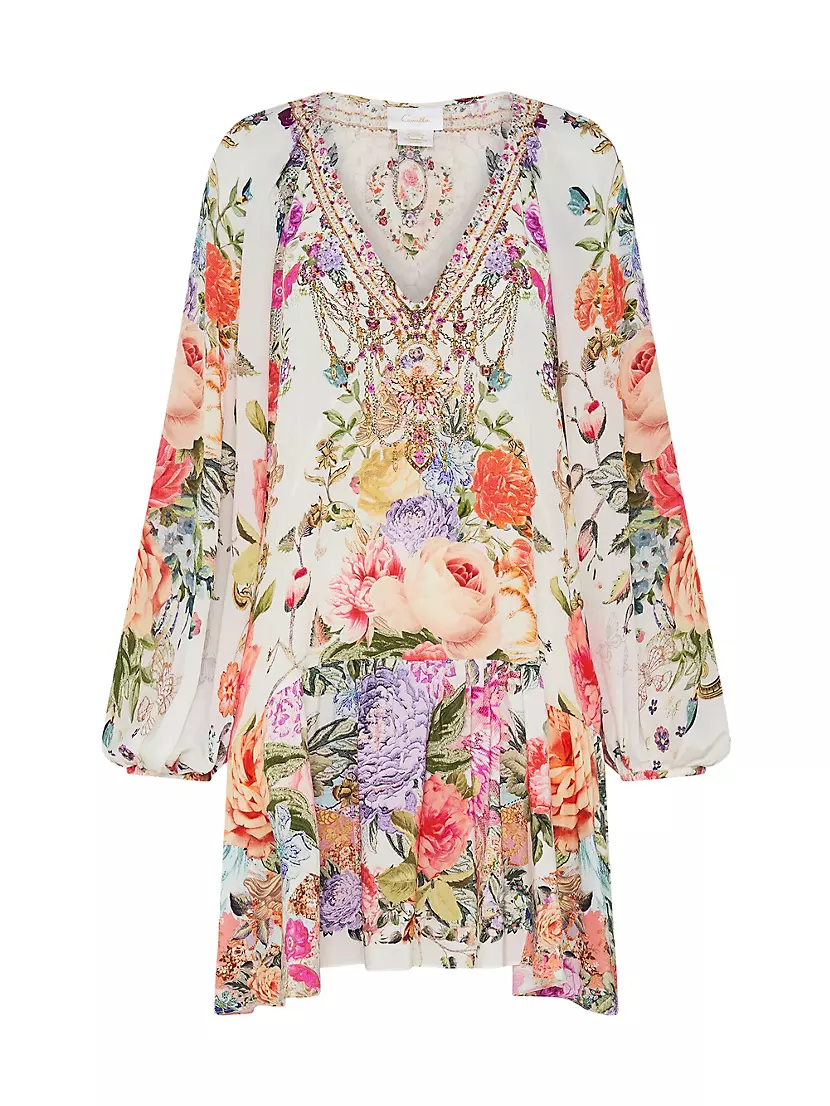 V-Neck Printed Silk Minidress Camilla