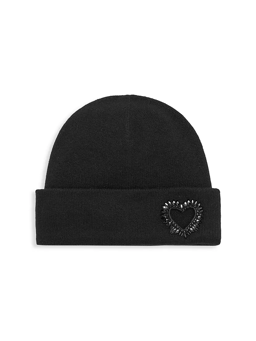 Cashmere Cuffed Beanie W. Heart Cutout & Crystals Carolyn Rowan