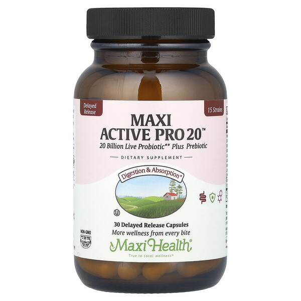 Maxi Active Pro 20™, 20 миллиардов пробиотиков, 30 капсул с замедленным высвобождением Maxi Health