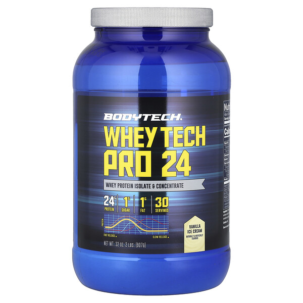 Whey Tech Pro 24, Ванильное мороженое, 24 г белка, 907 г BodyTech