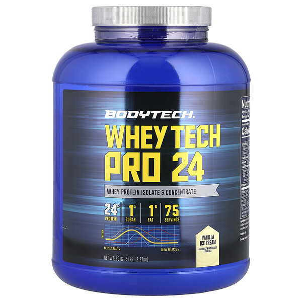 Whey Tech Pro 24, Ванильное мороженое, 2,27 кг - 24 г белка, 1 г сахара, 1 г жира BodyTech