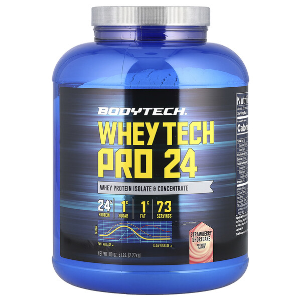 Whey Tech Pro 24, клубничный короткий торт 2,27 кг, 24 г белка, 1 г сахара BodyTech