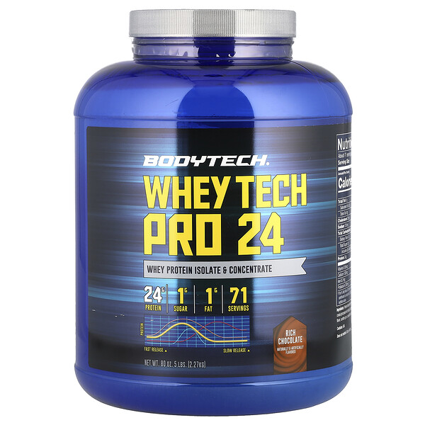 Whey Tech Pro 24, шоколадный вкус, 2,27 кг - 24 г белка, 1 г сахара, 1 г жира BodyTech