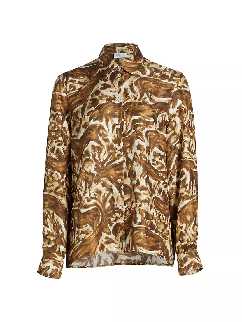 Abstract Horse-Print Silk Long-Sleeve Shirt Rosetta Getty