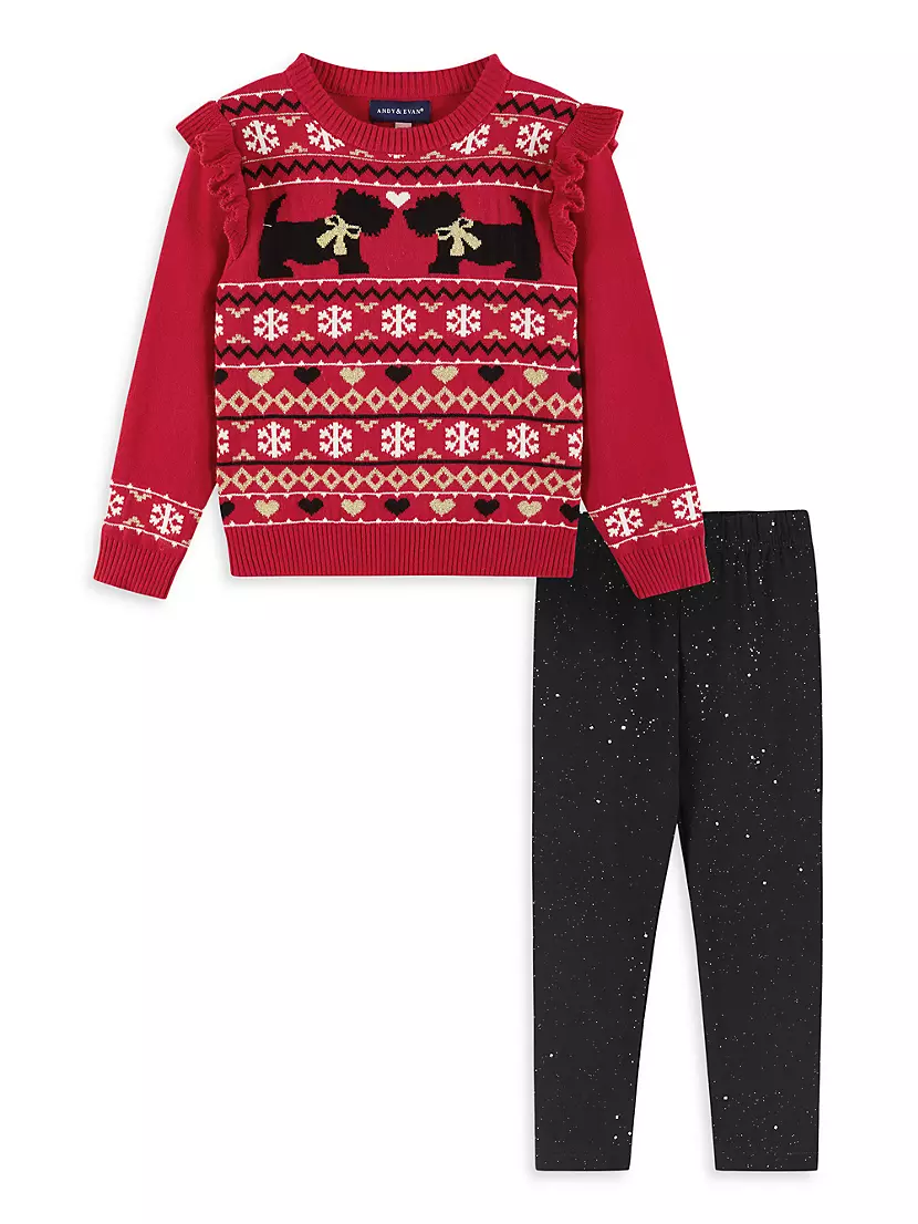 Little Girl's​ Dog Fair Isle Sweater &amp; Glitter Leggings Set Andy & Evan