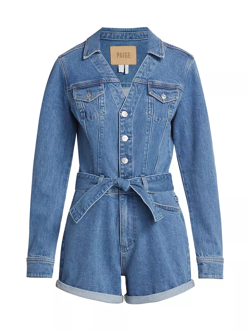 Maggy Long-Sleeve Denim Romper Paige