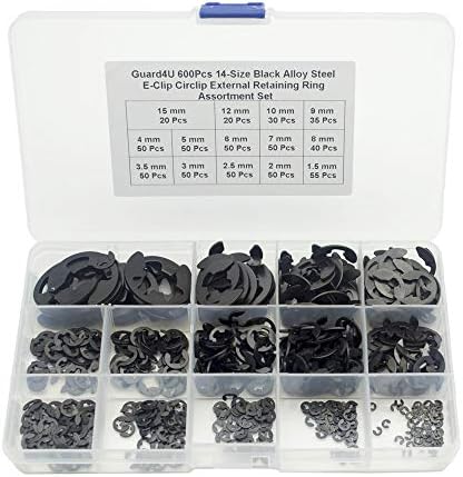 600Pcs 14-Size Black Alloy Steel E-Clip Circlip External Retaining Ring Assortment Set，1.5mm 2mm 2.5mm 3mm 3.5mm 4mm 5mm 6mm 7mm 8mm 9mm 10mm 12mm 15mm Guard4U