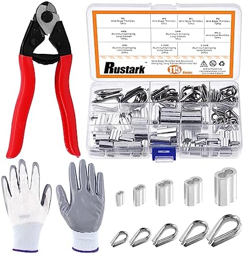 117Pcs 8 Inches Steel Wire Rope Cutter with Aluminum Crimping Loop Sleeves and Stainless Steel Cable Thimble Assortment Kit for Wire Rope Bike Brakes Cable Rustark