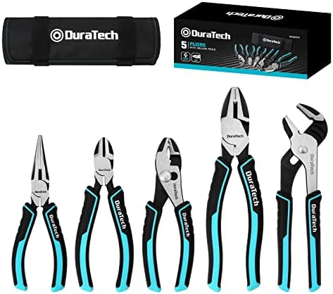 DURATECH 5-Piece Cr-Ni Pliers Set, 6" Long Nose Pliers, 6" Slip Joint Pliers, 6" Diagonal Cutting Pliers, 8" Linesman Pliers and 8" Groove Joint Pliers, Easy Storage with Oxford Rolling Pouch Duratech