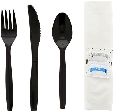 AmerCareRoyal 6-in-1 Disposable Silverware Medium-Plus Weight Plastic Utensil Set with Teaspoon, Fork, Knife, Salt & Pepper, 12x13 in Napkin - Individually Wrapped Cutlery Meal Kit, Black, Case of 250 AmerCare