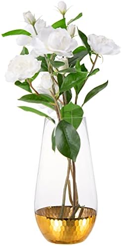 MyGift 10-Inch Modern Clear Round Tapered Glass Decorative Vase with Gold Tone Hammered Metal Base Accent, Table Centerpiece Flower Vase, Gift Idea for Mom MyGift