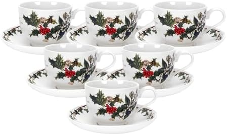 Portmeirion Holly and Ivy 7 oz Holiday Teacup and Saucer Set (Set of 6) - Earthenware Holly Motif, Festive Tableware for Christmas Tea Parties, Elegant Seasonal Gifts - Dishwasher & Microwave Safe Portmeirion