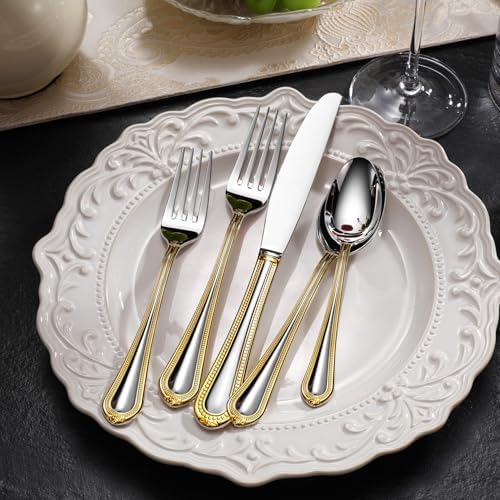 KEAWELL Pearl Edge Premium 20/45/65-Piece Refined Bead Silverware Set, 18/10 Stainless Steel, Service for 4/8/12, Fine Flatware Set with Serving Utensils, Dishwasher Safe (20, Gold Accent) KEAWELL