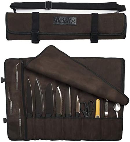 Asaya Canvas Chef Knife Roll Bag - 10 Knife Slots and a Large Zipper Pocket - Durable 10oz Canvas Knife Case with an Adjustable Shoulder Strap - Knives not Included Asaya