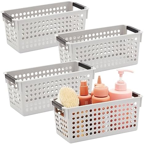 Farmlyn Creek Grey Plastic Storage Baskets with Handles, Small Storage Bin and Shelf Basket Organizer for Bathrooms, Laundry Room, Bedrooms, Kitchens, Pantries, Closet (4 Pack) Farmlyn Creek