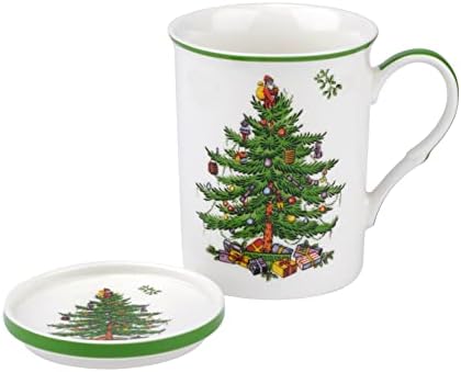 Spode Christmas Tree 14 oz Mug & Coaster Set - Ceramic Mug with Coaster for Tea, Coffee, Hot Chocolate - Fine Porcelain, Dishwasher & Microwave Safe - Mug & Coaster Gift Set Spode