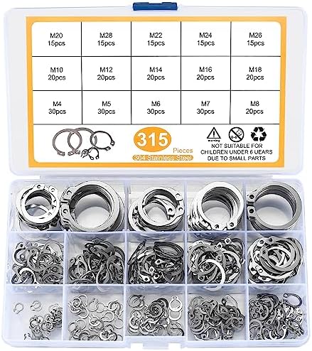 315 Pcs Snap Rings, External Retaining Rings Kit, C Clips Circlip Snap Retaining Rings Assortment Set, Secure Parts on Studs/Grooved Shafts/Pins, 15 Sizes (Stainless Steel, Silver) BJBJJIU