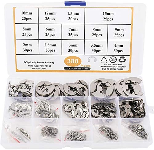 Toolly 380Pcs 304 Stainless Steel E-Clip Circlip External Retaining Ring Assortment Set, 14 Sizes Toolly