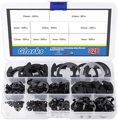 Glarks 328-Pieces 9 Size Black Alloy Steel E-Clip External Retaining Ring Washer Assortment Set Glarks