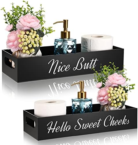 Acrylic Bathroom Tray for Counter Toilet Paper Basket 2 Side with Funny Saying Hello Sweet Cheeks Bathroom Box Black Toilet Tank Tray Countertop Organizer Farmhouse Decor for Tissues Candle Soap Towel Tatuo