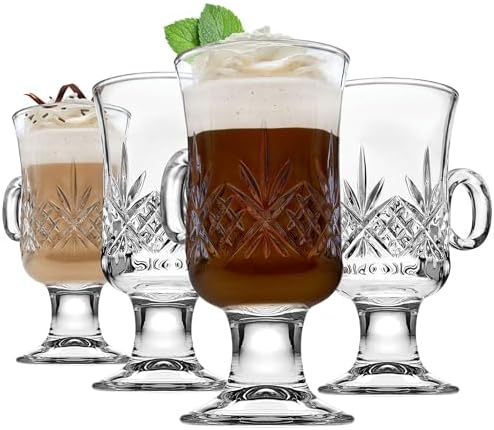 Godinger Coffee Mugs, Glass Irish Coffee Mug Set, Hot Beverage Tea Cups, Glass Cups, Drinking Glasses - 6oz., Set of 4, Dublin Collection Godinger