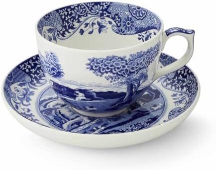 Spode Portmeirion Home and Gifts Blue Italian Teacup and Saucer | 20-ounce Capacity | Jumbo Tea Set | Coffee Mug | Cup for Tea, Lattes, Espressos, and Hot Beverages | Blue and White | Dishwasher Safe Portmeirion