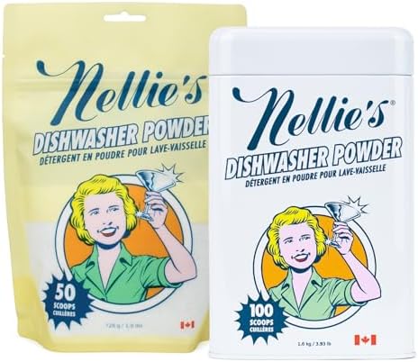 Nellie's Dishwasher Powder Bundle - 50 Scoops (Pouch) & 100 Scoops (Tin) - Kind to the Environment - Grease-Busting Performance for Spotless Results - Perfect for Planet Friendly Homes Nellie's