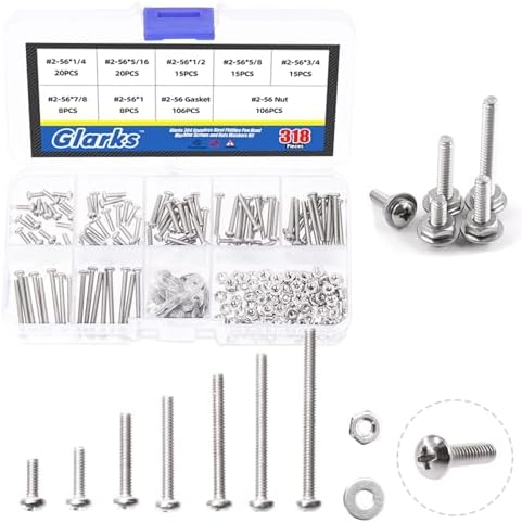 Glarks 318Pcs Machine Screw Assortment Kit #2-56 Stainless Steel Phillips Pan Head Assorted Nuts Bolts and Flat Washers Set, 304 Stainless Steel Machine Screws Assortment Set with Storage Case Glarks