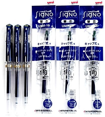 Uni-Ball Signo Broad Point Gel Impact Pen Blue Black Ink (UM153.64), 3 pens + Refill (UMR10.64)×3 Packs/total 3 Refills Set (Japan Import) [Komainu-Dou Original Package] Uni-Ball