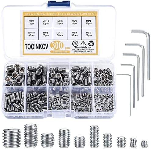 300 Pcs Stainless Steel Socket Head Screws Assortment Kit, Allen Head Socket Hex Head Screws, Metric M3 M4 M5 M6 M8 Grub Screws Set for Door Handles, Light Fixture TOOINKCV