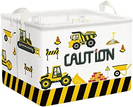 Clastyle Cartoon Construction Cars Shelf Basket for Kids Room Cranes Excavator Bulldozer White Rectangle Clothes Toys Cube Storage Basket, 36L Clastyle