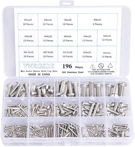 M2.5 M3 M4 M5 M6 M8 Button Head Socket Cap Bolts Screws 304 Stainless Steel Metric Bolt Assortment, Allen Socket Drive, Fully Machine Threaded 196 Pieces YNEGSDE