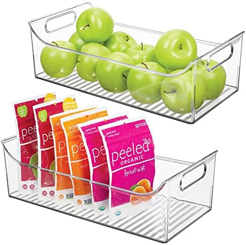 mDesign Slim Plastic Kitchen Pantry Cabinet, Fridge or Freezer Storage Bin with Handles - Organizer Containers for Fruit, Yogurt, Snacks, Pasta - 16" Long - Ligne Collection - 2 Pack - Clear MDesign