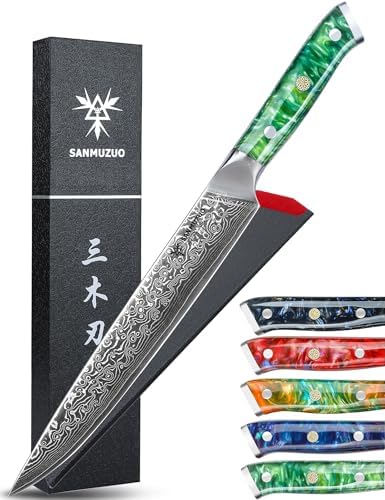 Carving Knife - 9 inch Slicing Knife- Xuan Series - VG10 Damascus Steel Kitchen Meat Cutting Knife - Resin Handle (Fantasy Orange) SANMUZUO