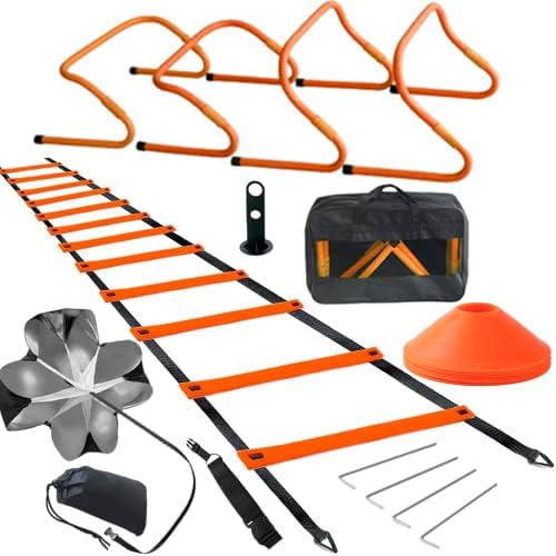 TOCO FREIDO Speed&Agility Training Set – 20ft Agility Ladder Set with 12 Rungs, 4 Adjustable Training Hurdle, 12 Disc Cones, 2 Resistance Bands, 1 Running Parachute and Footwork Drills Equipment TOCO FREIDO