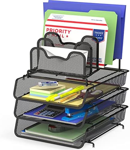 Simple Houseware 3-Pack Stackable Desk File Document Letter Tray w/ 5 Compartments Step File Organizer, Black Simple Houseware